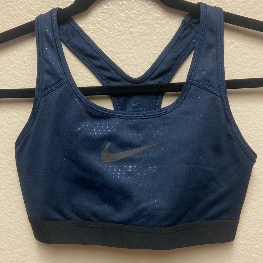 Navy blue black Nike Barry’s sports bra size small reflective polka dots